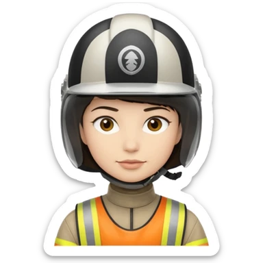 A light-skinned person with short dark hair, wearing a helmet and an oval face with a neutral look. sticker
