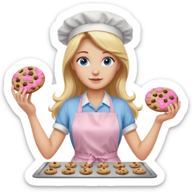 Blond long hair blue eye lady with a light pink apron making chocolate chip cookies sticker