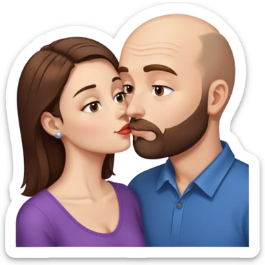 A balding man with brown hair and a short beard, kissing a much shorter thin brunette woman sticker