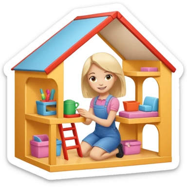 smiling girl arranging furniture in doll house sticker