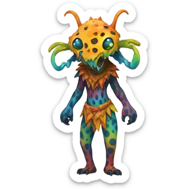 a colorful edgy vernid-fionbri-creature with splash patterns full body sticker