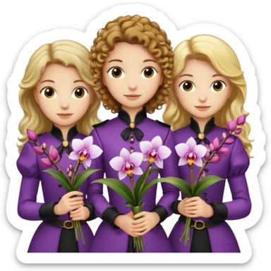 3 female musketeers, one with brown curly hair, one with straight blond hair, one with blond hair in pony tail, all holding orchids sticker
