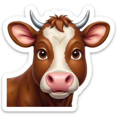 Cinematic Cute Brown Cow Portrait Emoji, Head tilted playfully and inquisitively, featuring a glossy, rich brown hide with a natural sheen, round, sparkling brown eyes filled with gentle curiosity, Simplified yet irresistibly adorable features, highly detailed, glowing with a warm, friendly glow, high shine, affectionate and serene, stylized with a touch of country charm, bright and endearing, soft glowing outline, capturing the essence of a mischievous yet loving cow, so playful it feels like it could moo out of the screen and into your arms! sticker