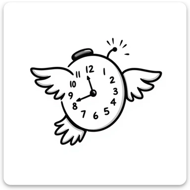 whimsical hand-drawn doodle of a clock with wings, notion style sticker