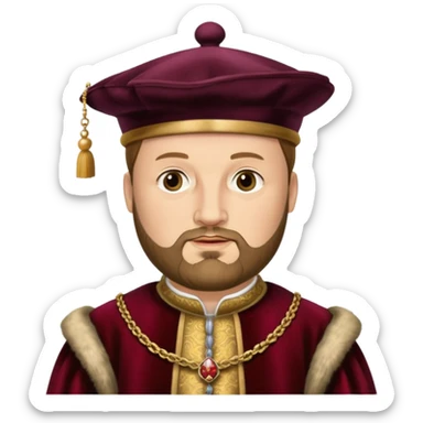 Henry VIII as an emoji, round face, beard, Tudor hat, regal outfit sticker