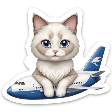Cute ragdoll cat on an airplane. Should sit on top of the plane, cat is way bigger than airplane. Can you make the plane cooler like airbus a380 and the cat a bit happier? I liked the first and last pic out of these. Cat should be ragdoll with white and grey just like these sticker