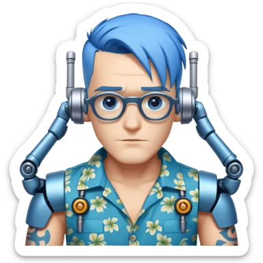 Franky with blue hair, metal nose, Hawaiian shirt, robotic arms sticker
