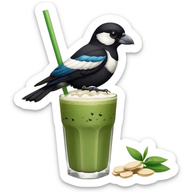 It’s an Australien Magpie sitting on an iced matcha latte on the edge of the glass. It has green matcha on its beak indicating it drank. The iced matxha latte is in a see through glass and white from the oat milk on the bottom and green on top…and there is a straw in the drink and ice cubes sticker