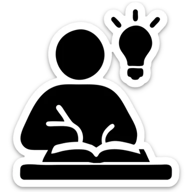 icon of a person sitting at a desk with a notebook, looking inspired sticker