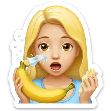 a girl rinsing mouth with pale yellow water coming out from a banana sticker