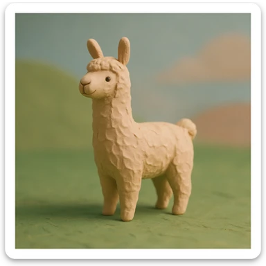 llama in claymation style standing on green grass with visible fingerprints and pastel palette sticker