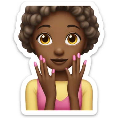 Girl with dark skin showing her long pink finger nails sticker