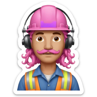 construction worker with pink long curly hair and protective headphones and mustache sticker