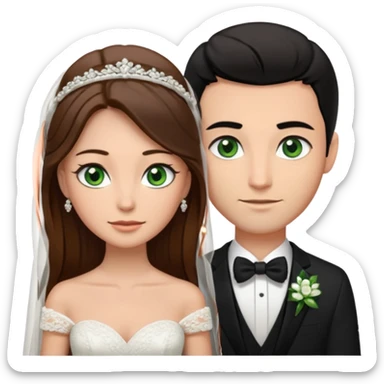 Black hair brown eyes bride with brown hair green eyes tall groom with white wedding bands sticker
