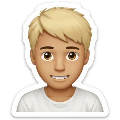 Male with short, messy blonde hair, large expressive golden-brown eyes, brown skin, scar over nose, crooked smile showing slightly damaged teeth, wearing a plain white t-shirt. sticker