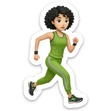 a woman with olive skin tone and curly black hair wearing green and jogging sticker
