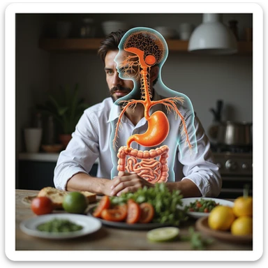 Italian man sitting at table with healthy foods, anatomical overlay showing digestive system and nutrient assimilation process, realistic style, vertical 9:16 aspect ratio sticker
