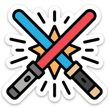 blue and red lightsabers colliding at the center, energy burst and motion streaks sticker