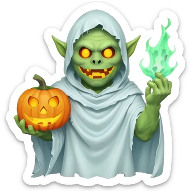 male orc ghost emoji, green skin, tusks, wearing torn white ghost sheet costume, holding glowing jack-o'-lantern, faint blue aura, friendly but spooky expression, Halloween fantasy theme, Apple emoji style, clean white background, square sticker