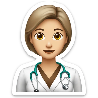 mujer medico de pelo marron y largo. Con ojos marrones. con la palma de la mano hacia arriba y el brazo levantado. sticker
