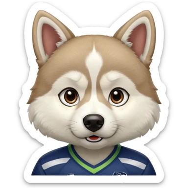 White  brown husky with Seattle Seahawks gear sticker