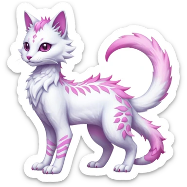Kawaii white iridescent beautiful pretty elegant divine edgy fantasy feline-vernid-fionbri-sergal-fursona animal creature with a tufted tail full body with intricate markings  sticker