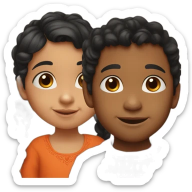 smiling 3 years old indian girl with black curly hair in pigtails wearing a orange dress with a smiling 3 years old indian boy with black hair wearing a dark red sweater sticker