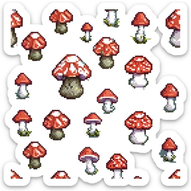 pixel art of a dangerous red-capped mushroom with white spots, classic video game look sticker