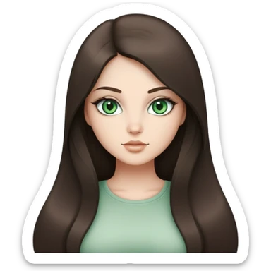 Curvy but beautiful brunette girl, desaturated green eyes, pin straight super long hair, modern style sticker