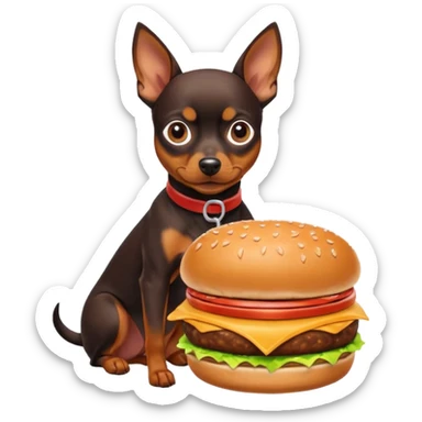 Miniature pinscher dog with white paws eating a giant, juicy hamburger sticker