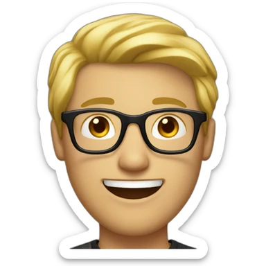 a man with blond hair with black glasses with small smile sticker