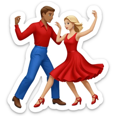 Two people. Man  wearing all red  with brown hair. Women iall blue with blond hair. Swing Dancing.  sticker