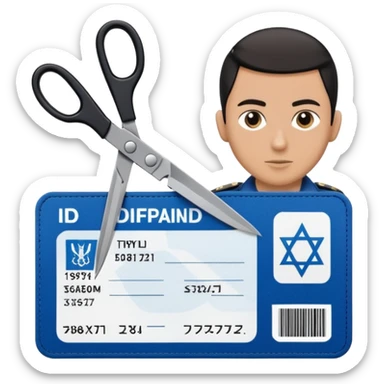 black Scissors cutting an idf soldier ID card in 2 parts .hyper realistic sticker