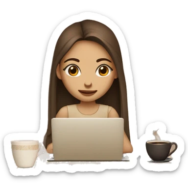 Half face of a girl at the laptop. A a cup of coffee on the left side of the table. Books on the right side. in beige tones sticker