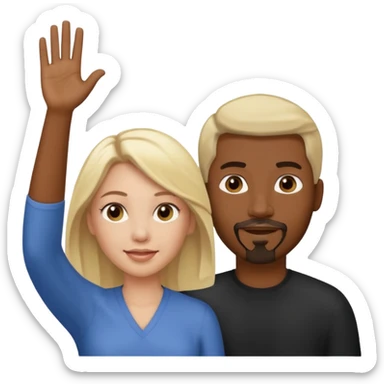black man with goatee and white woman with blonde shoulder-length hair and brown eyes waving sticker