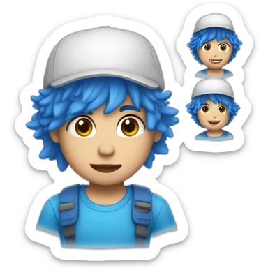 A kid with white skin, Blue messy hair, red cap and a white shirt sticker