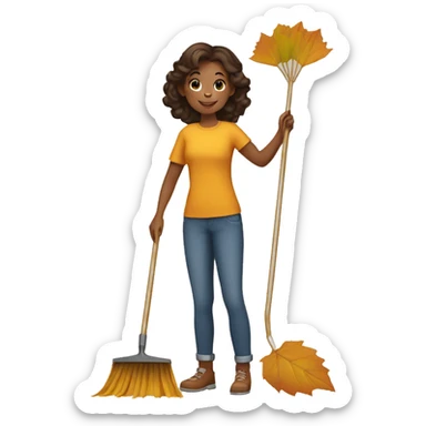Girl raking leaves with family sticker
