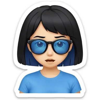 A girl with black bob hair with pony, wearing black sunglasses，funny face (0.5)， a blue t-shirt. sticker