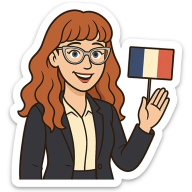 bitmoji style cartoon of a redhead woman with long wavy hair and bangs, wearing cat-eye clear-framed glasses, blue eyes, French teacher, professional and friendly sticker