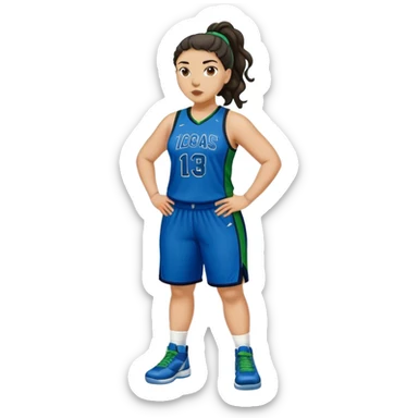 full body plus size light skin  latino women basketball player with wavy dark hair in pony tail wide nose wearing blue uniform with green accent sticker