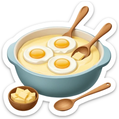 A carton of eggs, butter and a cream ceramic baking bowl with a wooden spoon in it sticker