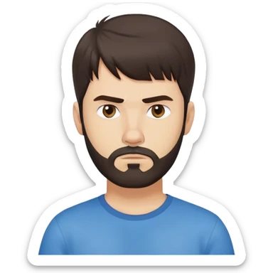 Caucasian Argentine man with straight dark brown hair, loose hairstyle with bangs, short full beard, serious-neutral expression, basic blue t-shirt sticker