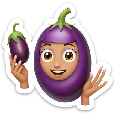 Emoji with long eyelashes and long fingernails holding an eggplant  sticker