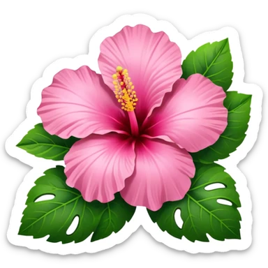 Pink Hibiscus shaped like a heart with green leaves sticker