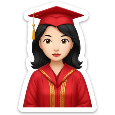 Graduate asian black hair with wavy hair long  with red sticker