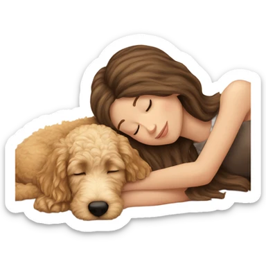 White girl straight  brown hair sleeping with golden doodle puppy  sticker