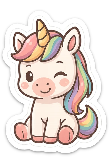 chibi sticker-style unicorn with a winking face and rainbow mane, cute and exaggerated sticker