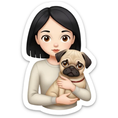 a black hair girl, with brown eyes and white skin carrying her pug  sticker
