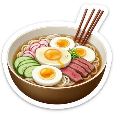 Korean cold noodles naengmyeon in a bowl with clear broth sliced egg beef cucumber and radish sticker