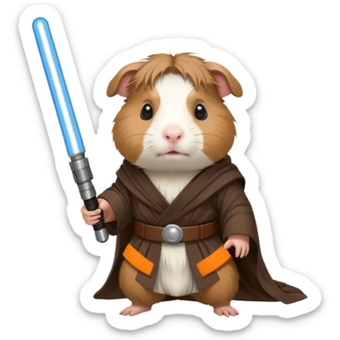 guinea pig dressed as a Jedi, holding a lightsaber sticker